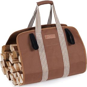 Waxed Canvas Log Carrier Tote Bag, Extra Large Durable Firewood Holder with Handles and Shoulder Strap - DarkBlue