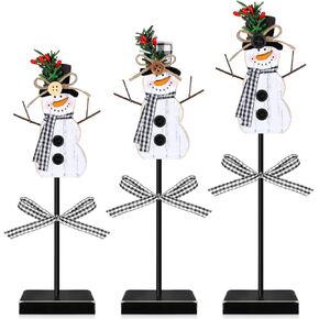 Geetery 3 Pcs Winter Snowman Table Decor Snowman Wooden Centerpieces for Tables Farmhouse Standing Christmas Snowman Tabletop Decor Rustic Snowman Block Decorations for Home Kitchen(Black,White) in Kuwait