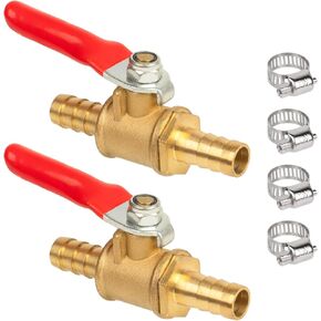JUWO 3/8" Barbed Shut off Ball Valve, Brass Hose Barb Fitting for Air, Gas, Fuel, Oil, 4 Clamps Included (2-Pack)