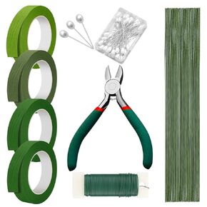 Green Floral Tape and Floral Wire, Arrangement Tool Kit with Stem Wire, Paddle Wire, Wire Cutter, Boutonniere Flower Pin, White Ribbon, Elastic Pearl Wrist Corsage Bands for Bouquets