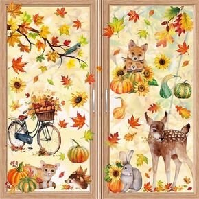 Fall Window Clings, Autumn Cute Fox Hedgehog Maple Leaves Static Window Decals Fall Decorations, Double Sided Cartoon Animal Tree Window Stickers Thanksgiving Fall Glass Window Party Decor