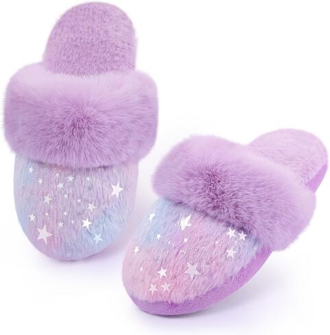 Girls Plush House Slippers Fluffy Multicolor Mermaid Slippers, Cute Faux Fur Slip-on Shoes Memory Foam House Slipper in Kuwait