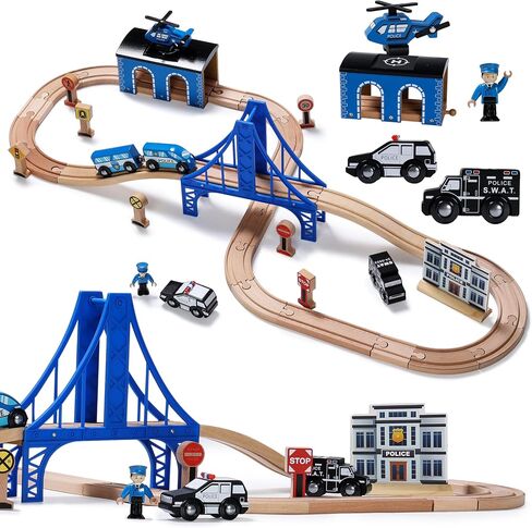 SainSmart Jr. Wooden Train Set for Toddler with Suspension Bridge - 37 Pcs Wooden Tracks fits Fits Brio, Thomas, Melissa and Doug, Train Toy for 3 4 5 Years Old and Up in Saudi Arabia