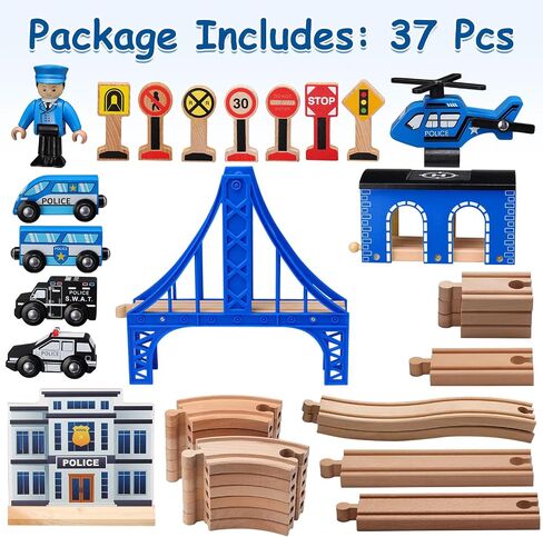 SainSmart Jr. Wooden Train Set for Toddler with Suspension Bridge - 37 Pcs Wooden Tracks fits Fits Brio, Thomas, Melissa and Doug, Train Toy for 3 4 5 Years Old and Up in Saudi Arabia