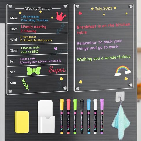 2 Pcs Magnetic Acrylic Calendar for Fridge,16"x12" Clear Acrylic Magnetic Dry Erase Planning Board Calendar for Refrigerator with 7 Colorful Highlight Markers,Magnetic Pen Holder and EVA Eraser/Towel in Saudi Arabia
