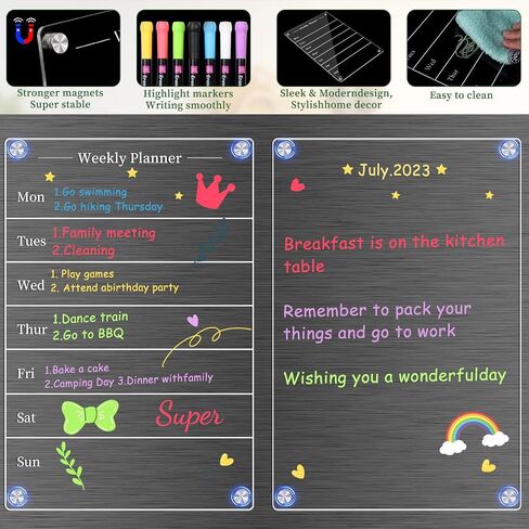 2 Pcs Magnetic Acrylic Calendar for Fridge,16"x12" Clear Acrylic Magnetic Dry Erase Planning Board Calendar for Refrigerator with 7 Colorful Highlight Markers,Magnetic Pen Holder and EVA Eraser/Towel in Saudi Arabia