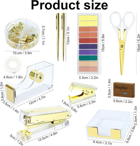 Desk Accessories Kit, Office Supplies Set with Acrylic Stapler, Tape Dispenser, Staple Remover, Staples, Clips, Sticky Note, Ballpoint Pen, Scissor, Transparent Tape, Sticky Note Holder in Saudi Arabia