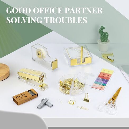 Desk Accessories Kit, Office Supplies Set with Acrylic Stapler, Tape Dispenser, Staple Remover, Staples, Clips, Sticky Note, Ballpoint Pen, Scissor, Transparent Tape, Sticky Note Holder in Saudi Arabia