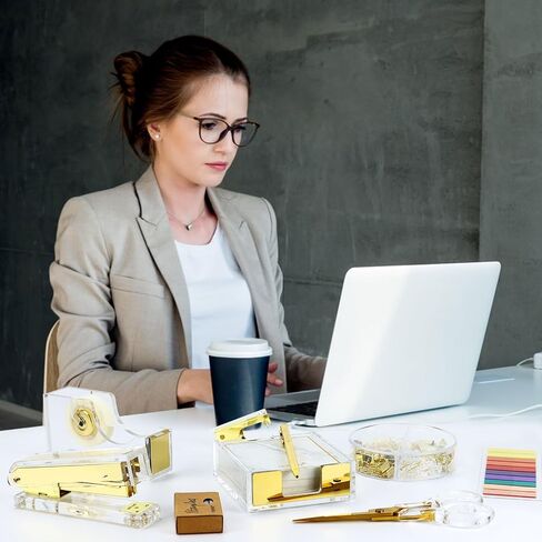 Desk Accessories Kit, Office Supplies Set with Acrylic Stapler, Tape Dispenser, Staple Remover, Staples, Clips, Sticky Note, Ballpoint Pen, Scissor, Transparent Tape, Sticky Note Holder in Saudi Arabia