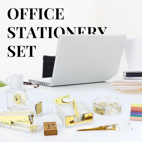 Desk Accessories Kit, Office Supplies Set with Acrylic Stapler, Tape Dispenser, Staple Remover, Staples, Clips, Sticky Note, Ballpoint Pen, Scissor, Transparent Tape, Sticky Note Holder in Saudi Arabia