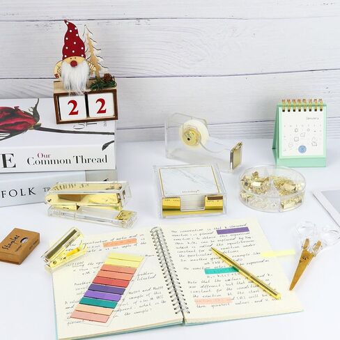 Desk Accessories Kit, Office Supplies Set with Acrylic Stapler, Tape Dispenser, Staple Remover, Staples, Clips, Sticky Note, Ballpoint Pen, Scissor, Transparent Tape, Sticky Note Holder in Saudi Arabia