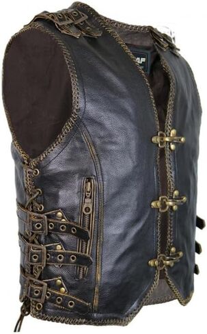 Men's Genuine Cow Leather Heavy Buckled Zipper Braided Rocker Biker Motorcycle Vest Waistcoat XS~7XL in Saudi Arabia
