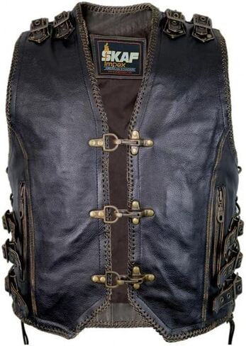 Men's Genuine Cow Leather Heavy Buckled Zipper Braided Rocker Biker Motorcycle Vest Waistcoat XS~7XL in Saudi Arabia