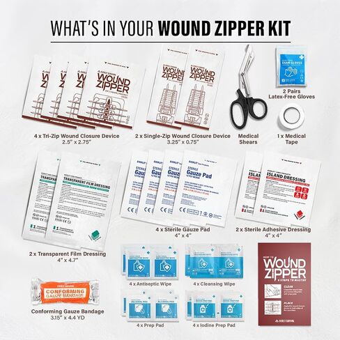 EVERLIT Wound Closure Pack | 4 Pcs Surgical Wound Zip Devices for Cut & Laceration Wound Repair | Sterile, Suture-Free, Stitch-Less Adhesive Butterfly Bandage Strips for Emergency First Aid Care in Saudi Arabia