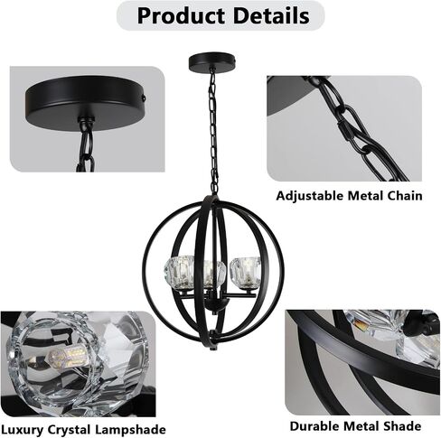 4-Lights Farmhouses Crystal Chandelier - Black Premium Kitchen Ceiling lights Over Table, Modern Crystal Dinning Room Light Fixture, Hanging Chandelier for Living Room, Bedroom, Entryway, Foyer in Saudi Arabia