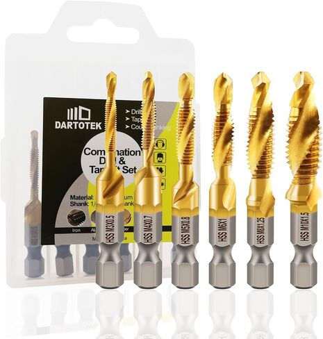 Combination Drill and Tap Bit Set,Titanium Coated Tapping Bit Tool 6pcs SAE Screw tap Drill bit for Drilling Tapping, Countersinking on Electric Drill or Tapping Machine in Kuwait