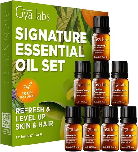 Gya Labs Good Vibes Essential Oil Set, Essential Oils For Diffusers For Home & Gift Set - Self-Care, Skin, Candle Making - Peppermint, Rosemary, Rose Geranium, Lemongrass, Roman Chamomile - 8 x 0.17oz in Kuwait