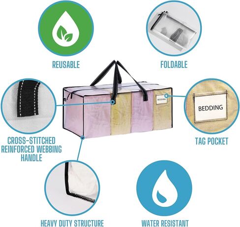 VENO 4 عبوات من الحقائب المتحركة البلاستيكية لتخزين الملابس منظمة كبيرة مع غطاء/سحاب. صناديق التعبئة / الصناديق البديلة. أساسيات لوازم الكلية القابلة للطي وتوفير المساحة (جزء النافذة BLK، 4 عبوات) in Kuwait