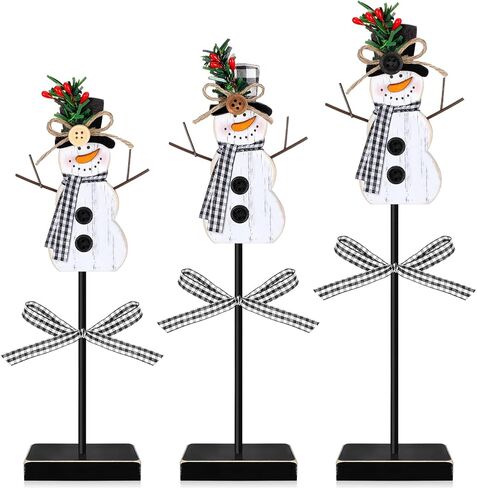 Geetery 3 Pcs Winter Snowman Table Decor Snowman Wooden Centerpieces for Tables Farmhouse Standing Christmas Snowman Tabletop Decor Rustic Snowman Block Decorations for Home Kitchen(Black,White) in Kuwait