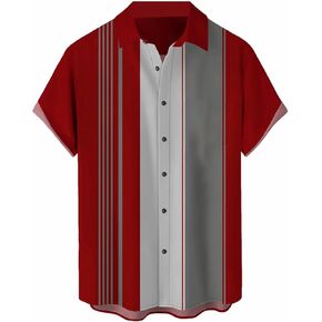 QIVICIMA Men's Retro Bowling Shirts 50s Vintage Button Down Shirts Color Block Active Shirts Flamingo Print Shirt