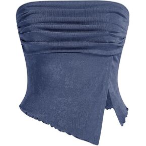 Milumia Women Sexy Mesh Tube Tops Split Hem Going Out Strapless Bandeau Tops Ruched Tank Shirts