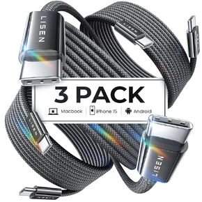 LISEN USB C to USB C Cable Charger for 60W 2-Pack 10ft USBC to USBC Cable Type C Fast Charging Cable Cord for iPhone 15 Pro Max Plus Samsung S23 Note iPad Pro Air Mini MacBook Black