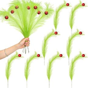 8 Pcs Christmas 16.93'' Red Green Artificial Glitter Curly Berry Stems Xmas Furry Tree Decoration with Red Ball Faux Pampas Grass Decor for Christmas Tree Topper Home Office Wreath Crafts Gifts