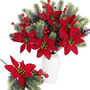 10 Pcs Christmas Flowers Artificial Pine Branches with Red Berry Stems Christmas Tree Picks Floral Arrangements for Xmas Tree Topper Vase Filler Craft Wreath Holiday Party (Red&Green)