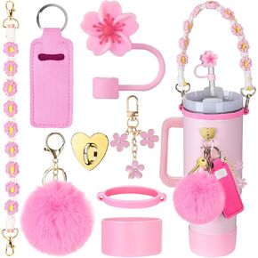 Mity rain 8PCS Cup Accessories for Stanley Cup 30oz 40oz Tumbler with Handle, Including Water Bottle Handle Strap, Chapstick Holder, Boot, Charms, Straw Topper Cover Cap for Stanley（ Pink Green