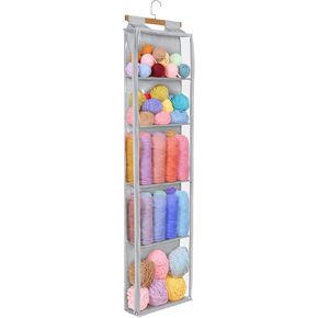 Hanging Yarn Storage with 4 Large Pockets, Clear Knitting Organizer Storage with Zippers for Crochet Lovers, Hanging Yarn Holder with Over-Door Hooks for Knitting Needles Crochet Hooks