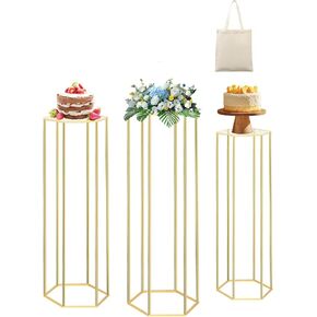 Cylinder Pedestal Stands for Party 3PCS Gold Metal Plant Cylinder Stands Round Cake Flower Display Pedestal Stands Table for Party Plinth Pillars for Wedding Bridal Shower Birthday Decoration(Round)