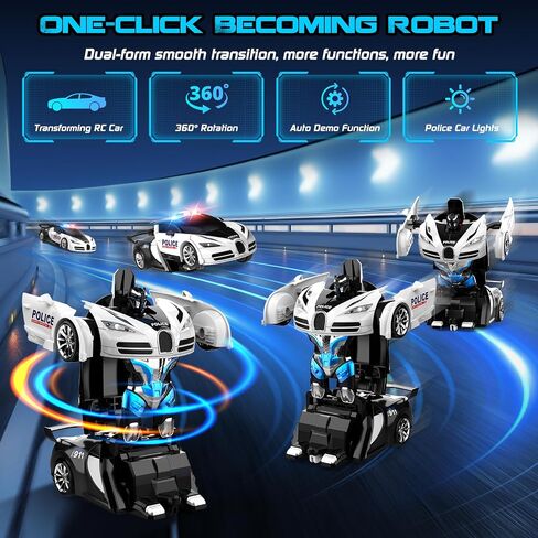 Transforming Remote Control Car, One-Click Becoming Robot Remote Control Car for Boys, Demo Mode, 360° Rotation, Easy to Use, 2.4GHZ, with LED Lights, RC Cars for Christmas Day, Kids 8+ in Saudi Arabia