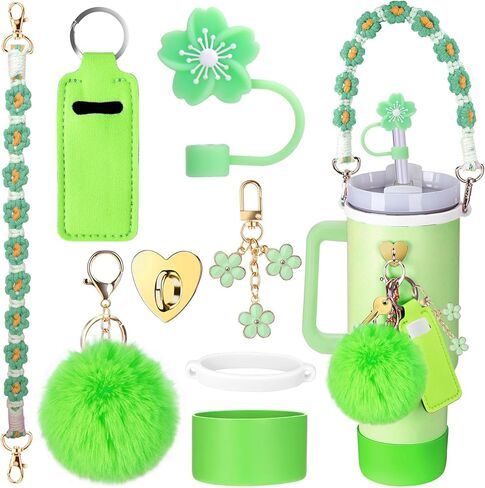 Mity rain 8PCS Cup Accessories for Stanley Cup 30oz 40oz Tumbler with Handle, Including Water Bottle Handle Strap, Chapstick Holder, Boot, Charms, Straw Topper Cover Cap for Stanley（ Pink Green in Saudi Arabia