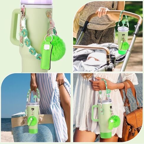 Mity rain 8PCS Cup Accessories for Stanley Cup 30oz 40oz Tumbler with Handle, Including Water Bottle Handle Strap, Chapstick Holder, Boot, Charms, Straw Topper Cover Cap for Stanley（ Pink Green in Saudi Arabia