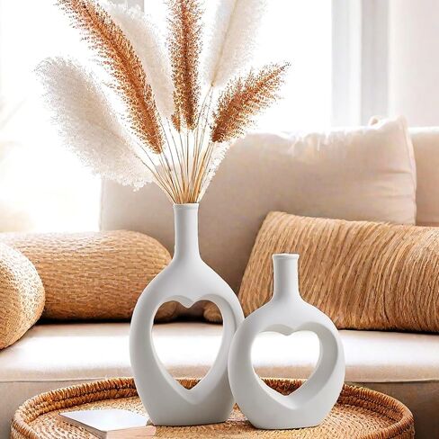 Modern White Ceramic Vase Set of 2 - Elegant Irregular Shape for Pampas Grass, Boho Nordic Minimalism Style - Perfect for Home Decor, Weddings, and Office in Saudi Arabia