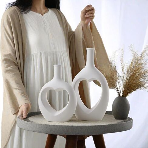 Modern White Ceramic Vase Set of 2 - Elegant Irregular Shape for Pampas Grass, Boho Nordic Minimalism Style - Perfect for Home Decor, Weddings, and Office in Saudi Arabia