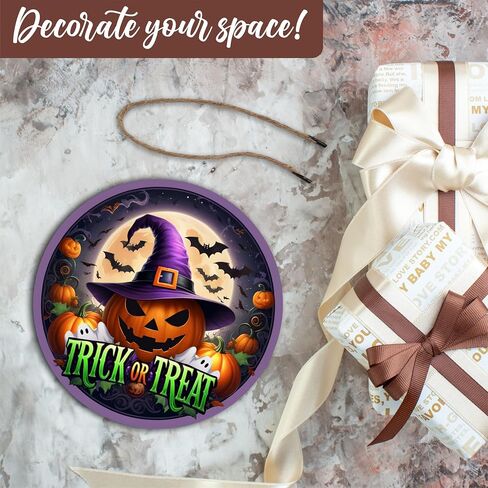 Halloween Welcome Wooden Decoration-The Witch Is In With Witch Hat & Spiderweb Hanging Decor With A Rope-Indoor Welcome Hanging Sign Plaque-Halloween Round Wall Hanger For Home-A10 in Saudi Arabia