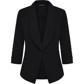 MINTLIMIT Women's Casual Blazer 3/4 Ruched Sleeve Open Front Button Work Office Cardigan Suit Jackets with Pocket