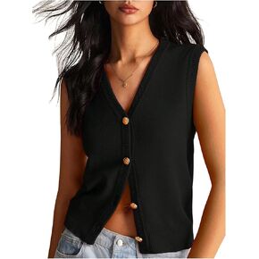 Women's V Neck Sweater Vest Button Down Sleeveless Vest Cardigan Casual Knit Vest