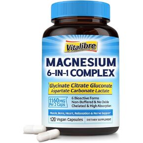 Magnesium Complex Supplement 6 in 1, 1160mg Chelated Magnesium Glycinate, Citrate, Aspartate, Gluconate, Carbonate & Lactate for Sleep, Calm & Muscle, Max Absorption, 120 Vegan Capsules, No Mag Oxide