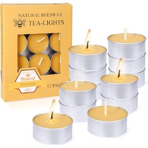 Natural Beeswax Tealight Candles in Metal Aluminum Cup - Organic Mini Candle Natural Scent Smokeless 4-5 Hours Long Burning - Yellow, Pack of 24