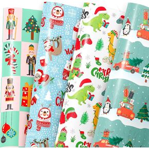MotiGiftie Christmas Wrapping Paper for Kids Adults - Xmas Wrapping Paper with Red/Green Plaid, Reindeer, Snowflakes, “Ho Ho" Xmas Trees - 20 x 28 Inches, 12 Folded Sheets, Easy to Store