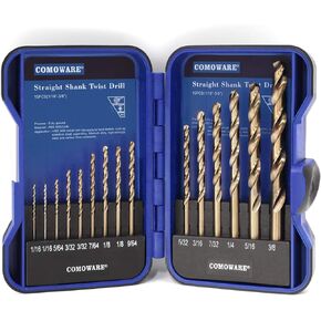 COMOWARE Cobalt Drill Bit Set- 15Pcs M35 High Speed Steel Twist Jobber Length for Hardened Metal, Stainless Steel, Cast Iron and Wood Plastic with Indexed Storage Case, 1/16"-3/8"