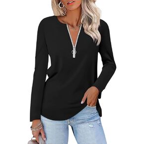 Women's Long Sleeve Shirts Zipper Color Block V Neck Tunic Tops Casual Blouse