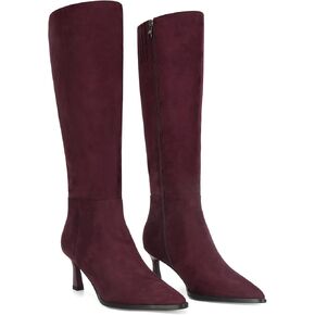 MICIFA Burgundy Kitten Heel Knee High Boots for Women Side Zipper Tall Leather Boots Pointed Toe Fall Dress Boots