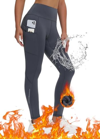 سراويل نسائية مبطنة بالصوف للجري والمشي لمسافات طويلة مقاومة للماء عالية الخصر سراويل شتوية حرارية سراويل يوجا بجيوب بسحاب in Kuwait