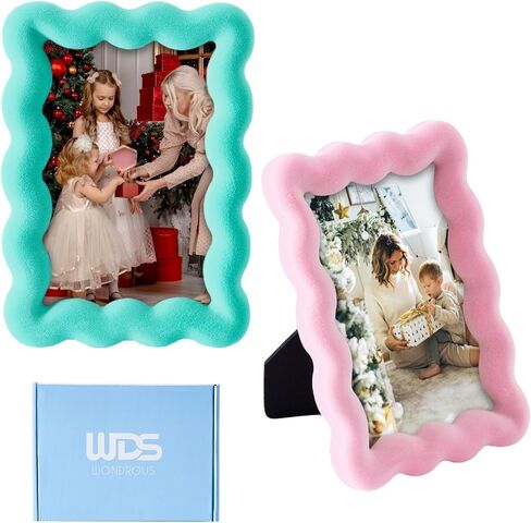 WDS WONDROUS 2 PCS 3x5 إطارات صور متموجة لسطح الطاولة، مجموعة إطار صور واقفة صغيرة باللونين الوردي والأخضر للبطاقات البريدية اللطيفة للأطفال، ديكورات زفاف للأصدقاء، معرض مكتب عرض غرفة المعيشة in Kuwait