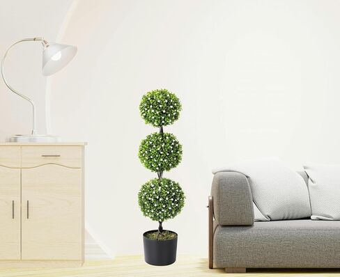 2 Pack 3Ft Artificial Boxwood Topiary Tree,Faux Topiary Ball Trees for Front Door Porch Decor Lifelike Fake Plant Greenery Arrangements with Black Pots for Home Office Decor-White Flower in Saudi Arabia