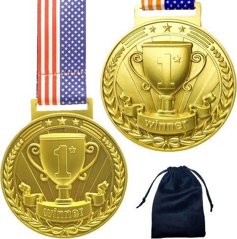 3D Gold Award Medals - 2.56 Inch Wide Olympic Medals with Trophy Pattern Decorations Stars and Stripes American Flag V Neck Ribbon - Medals for Adults & Kids, 1st Place Medals in Saudi Arabia