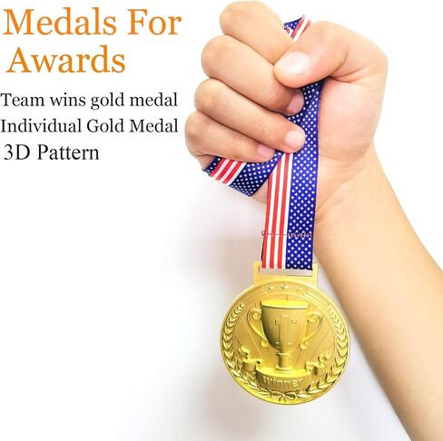 3D Gold Award Medals - 2.56 Inch Wide Olympic Medals with Trophy Pattern Decorations Stars and Stripes American Flag V Neck Ribbon - Medals for Adults & Kids, 1st Place Medals in Saudi Arabia